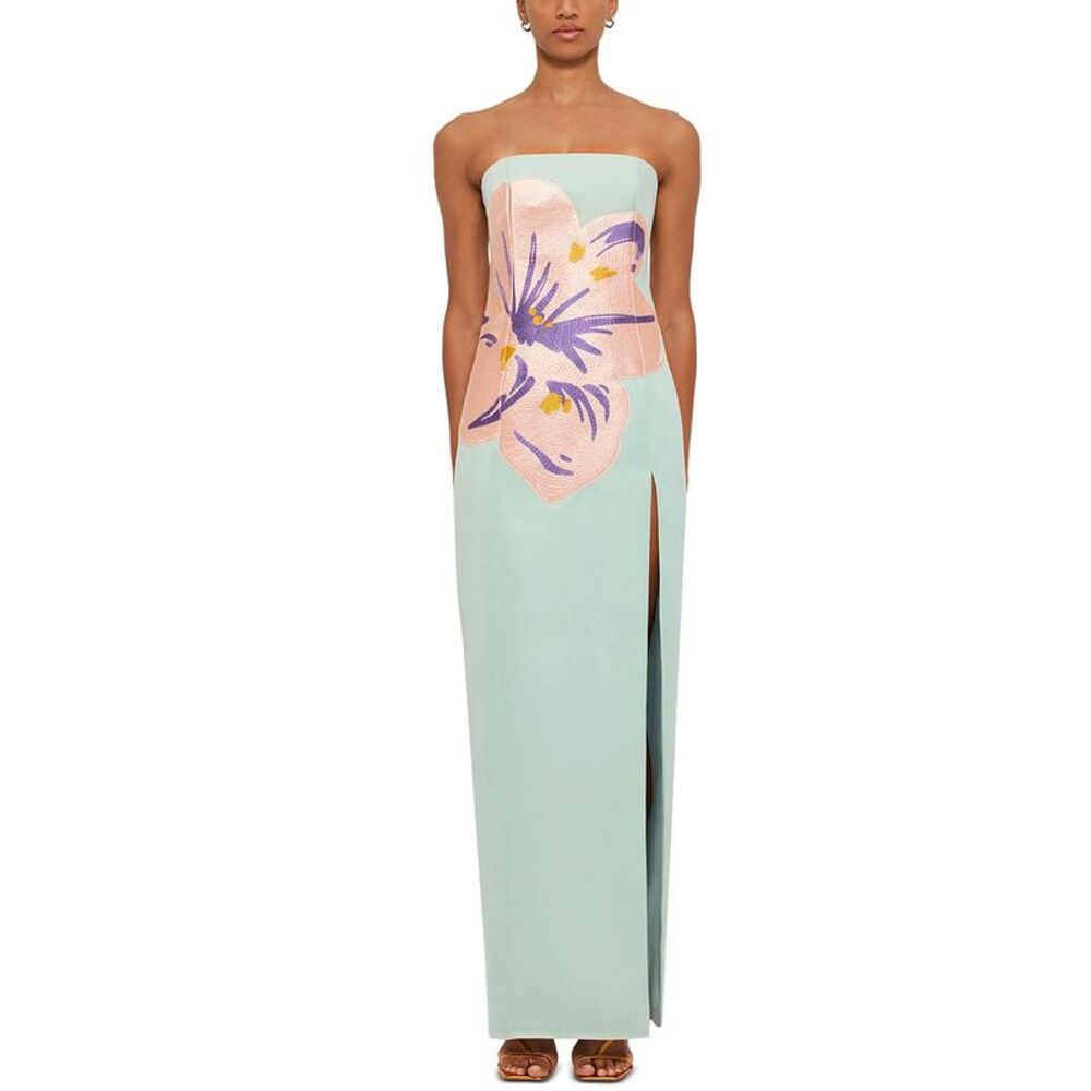 Leo Lin Womens Clemence Embroidered Hibiscus Split Maxi Dress 10 Pistachio - NWT